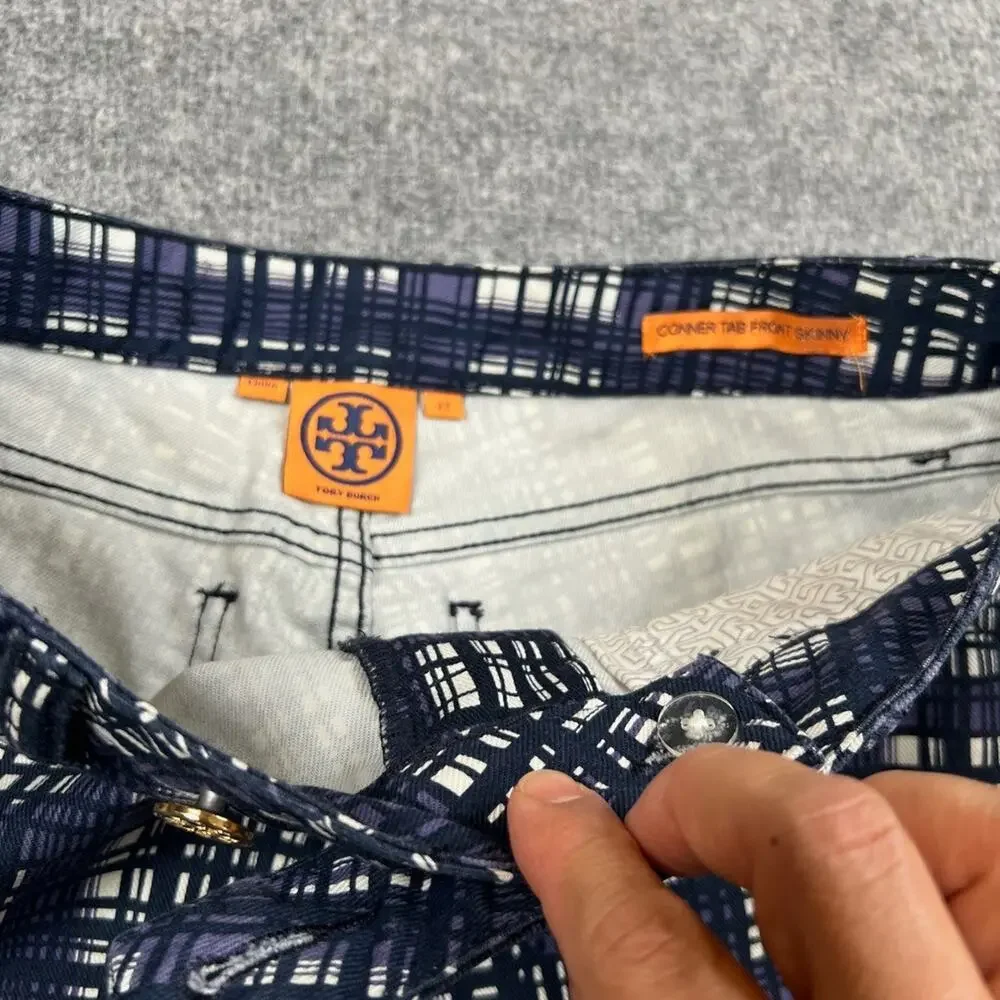 Tory Burch Pants Womens 27 Navy Cotton Blend Plaid Corner Tab Front Skinny Ankle